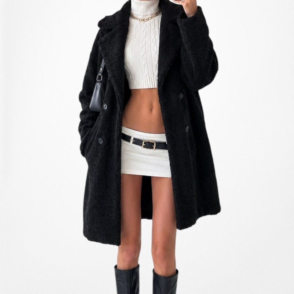 Vintage Y2K 90s Black Faux Fur Oversized Fit Teddy Style Coat Jacket Size S